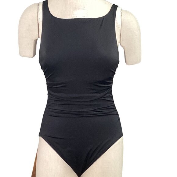 Lands' End Ruched One-Piece Swimsuit Modest High Neck Sz 8 Black 184C - Picture 1 of 6